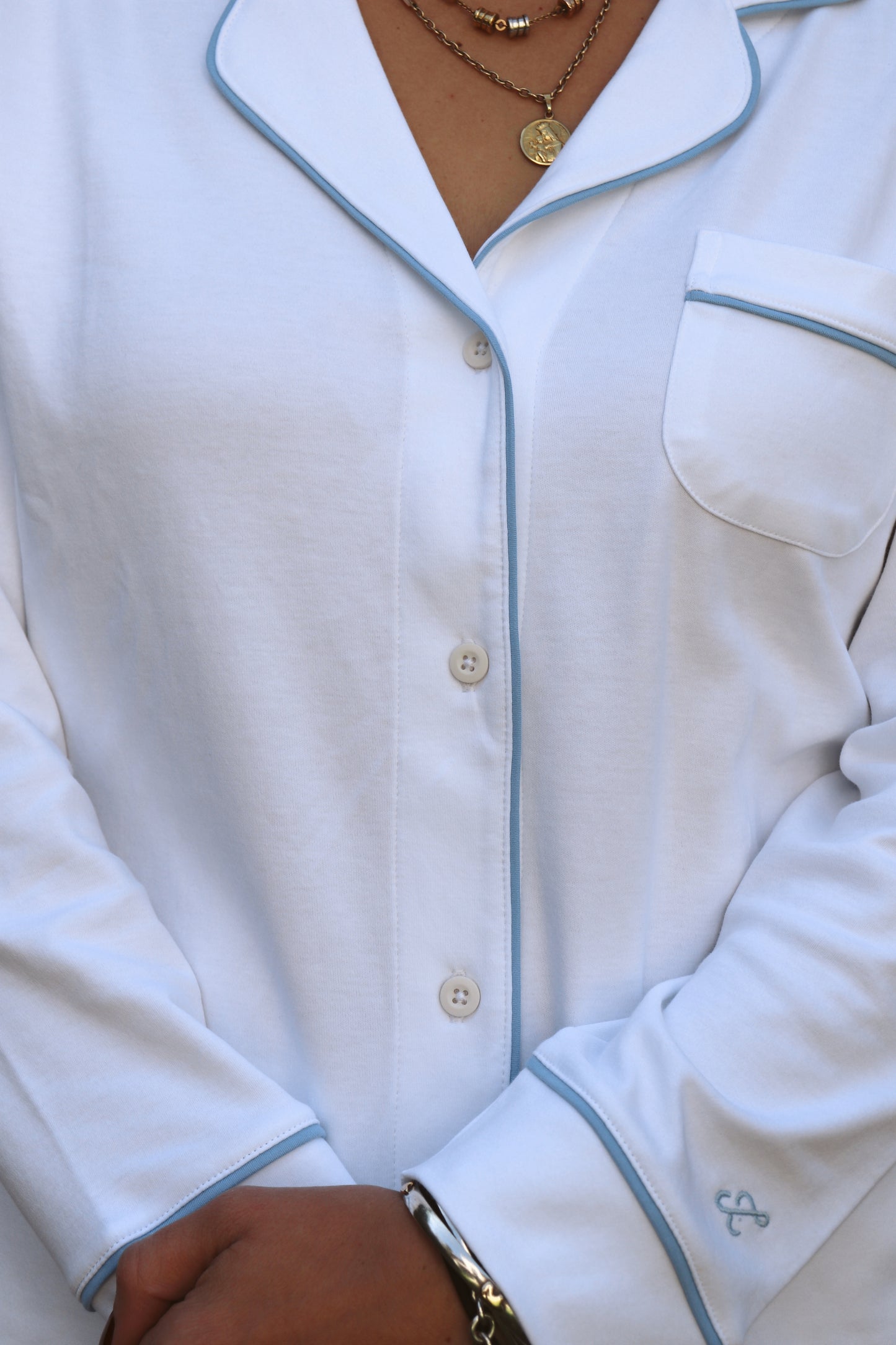 Pijama Manga Larga  Pantalón  Blanca con Baby Blue