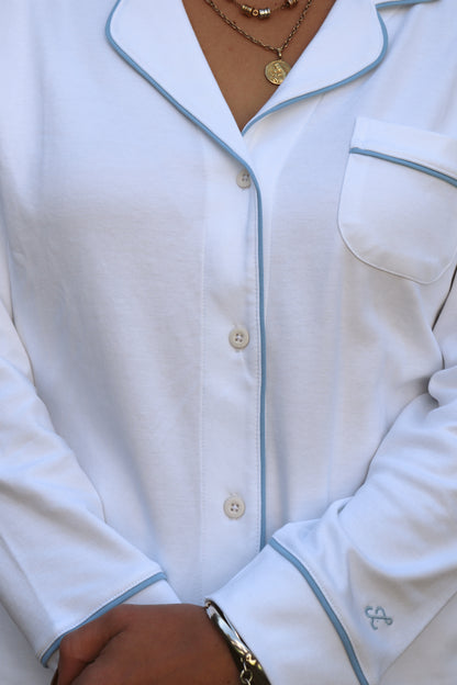 Pijama Manga Larga  Pantalón  Blanca con Baby Blue